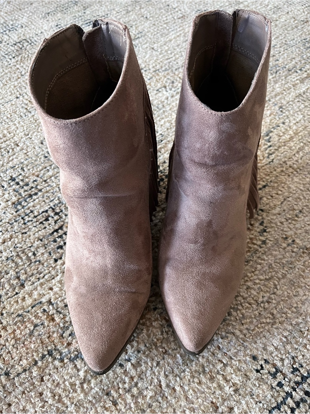 Candie's Taupe Suede Pointed Toe Ankle Booties with Fringe